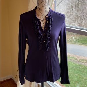 Tory Burch navy pique long sleeve ruffle shirt